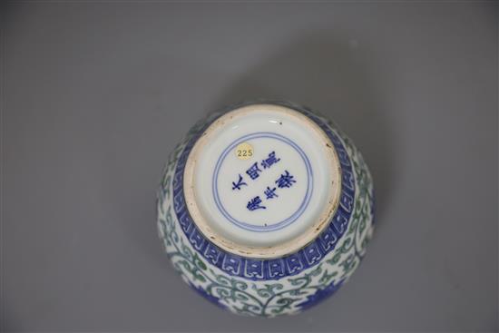 A rare Chinese doucai lotus flower jar, Wanli six character mark and probably of the period, (1573-1619), H. 9.5cm, D. 10.8cm, later